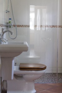 Gästebad mit Dusche im mediterranen Landhausstil